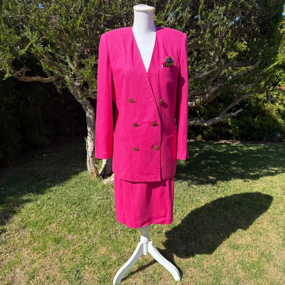 Vintage Worthington‎ Hot Pink Skirt Suit Set 10 12 Double Breasted Linen Blend